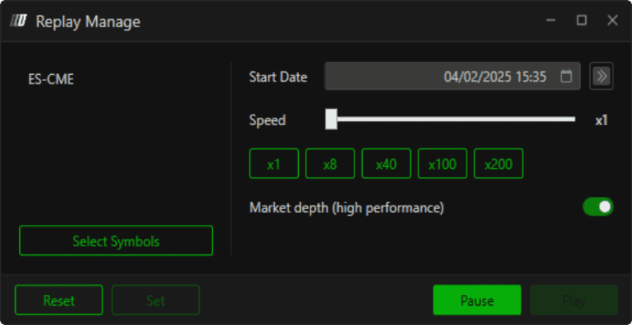 Fenêtre Replay Manage de DeepDom sur ES : choix de la date de départ, vitesse de rejeu de x1 à x200 et option market depth haute performance