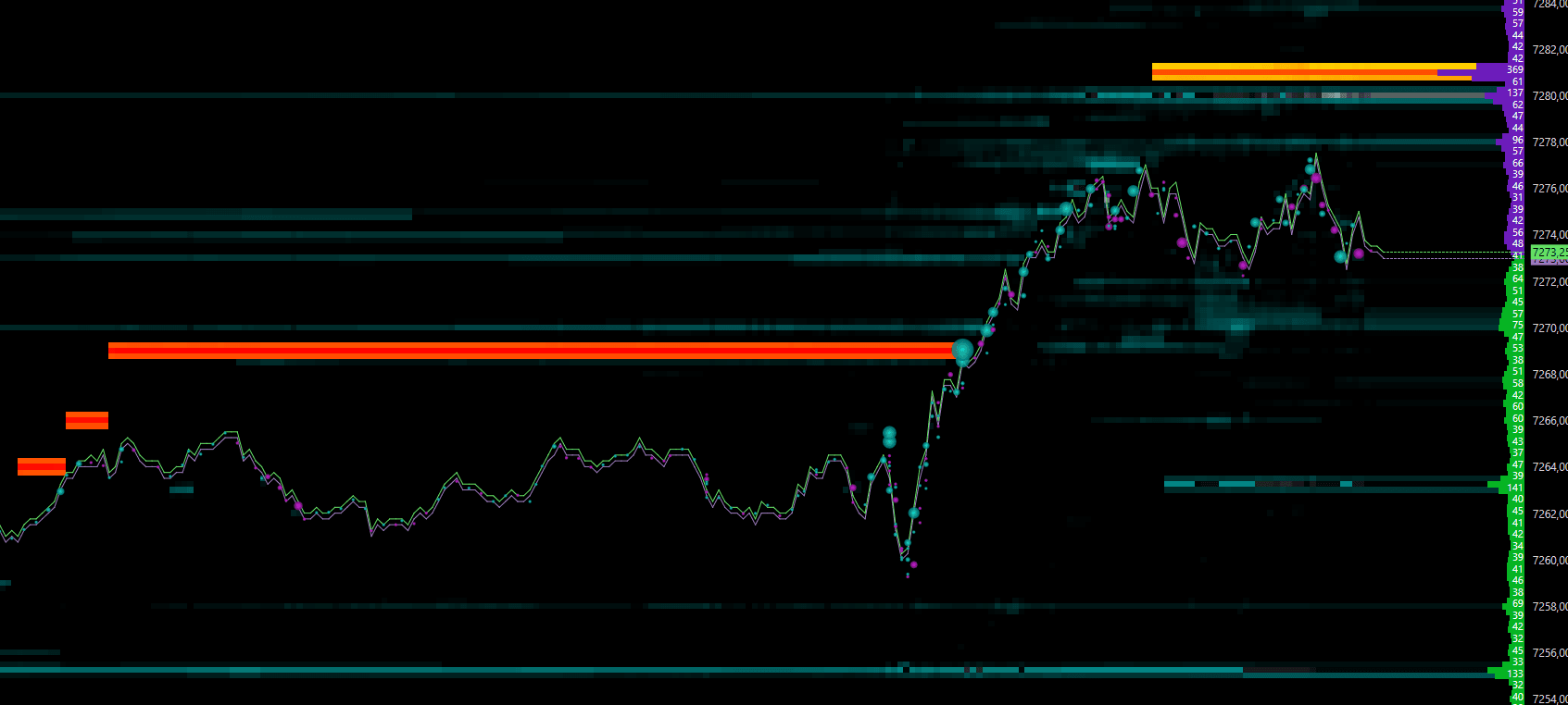 Heatmap de liquidité DeepDom : les gros ordres en attente qui s'illuminent dans le carnet MBO autour du prix