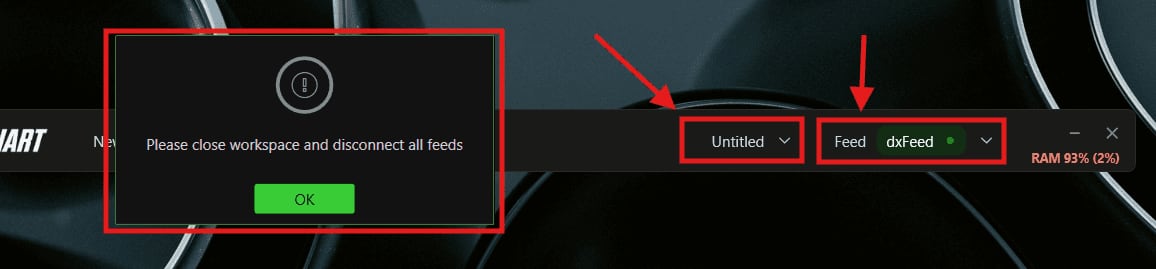 The Please close workspace and disconnect all feeds message, with the Untitled and Feed menus highlighted.