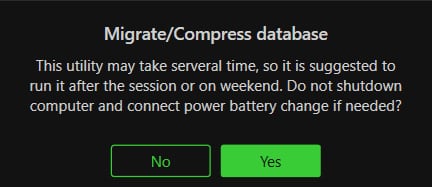 The Migrate/Compress database confirmation with its No and Yes buttons.