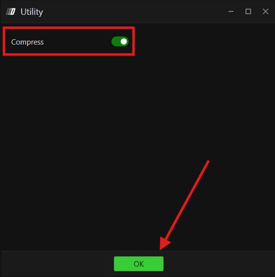The Utility window with the Compress toggle on and the OK button.