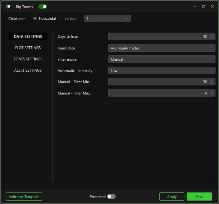 The Big Trades Data Settings tab with Days to load, Input data, Filter mode and the manual filters.