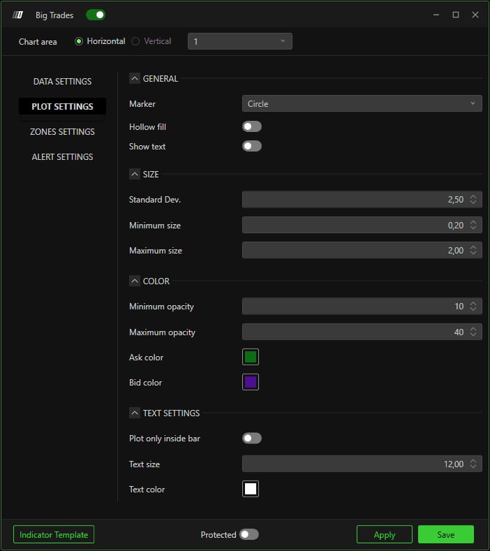 The Plot Settings tab with Marker, Hollow fill, Show text, sizes, opacities and text settings.