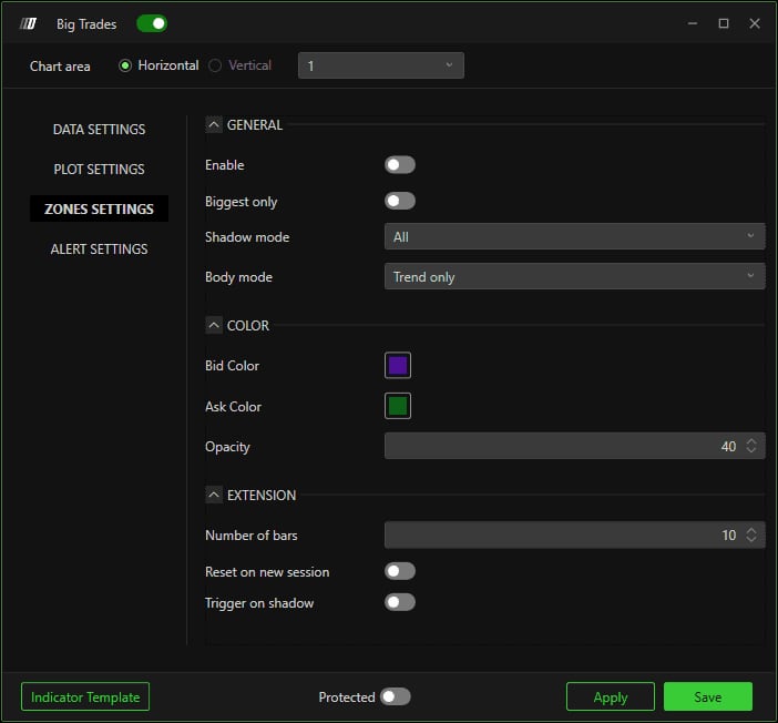 The Zones Settings tab with Enable, Biggest only, Shadow mode, Body mode, colors and extension.