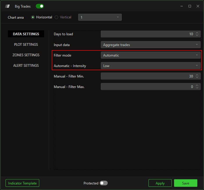 Data Settings with Filter mode set to Automatic and Automatic Intensity on Low highlighted.