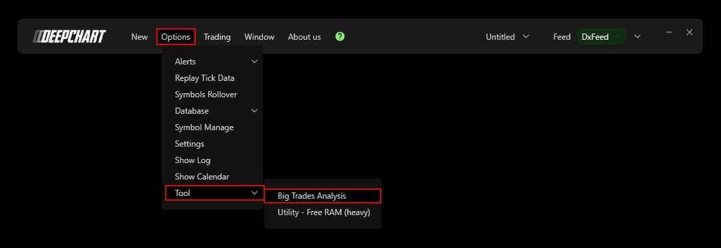The DeepChart Options menu, Tool submenu, Big Trades Analysis entry.