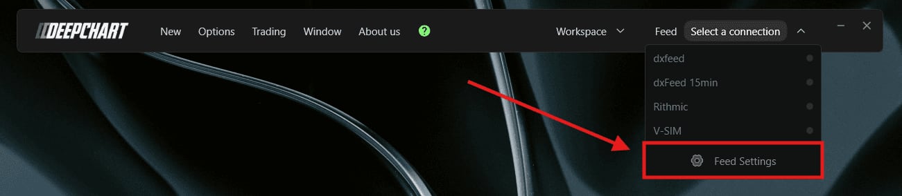 The DeepChart Feed menu open, Feed Settings highlighted under the connection list.
