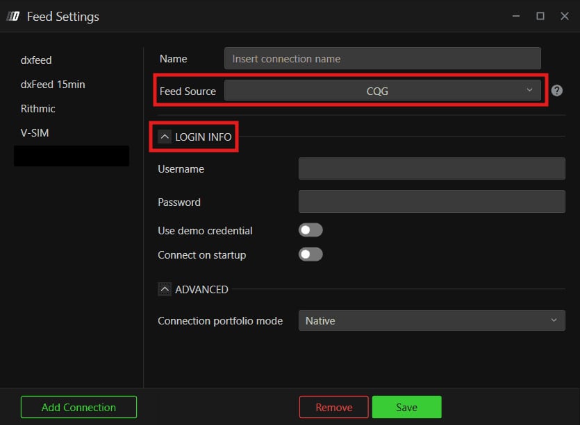 The Feed Settings window set to CQG, with Username, Password, Use demo credential, Connect on startup and Connection portfolio mode.