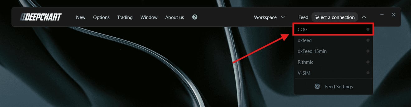 The DeepChart Feed menu with the CQG connection highlighted at the top of the list.