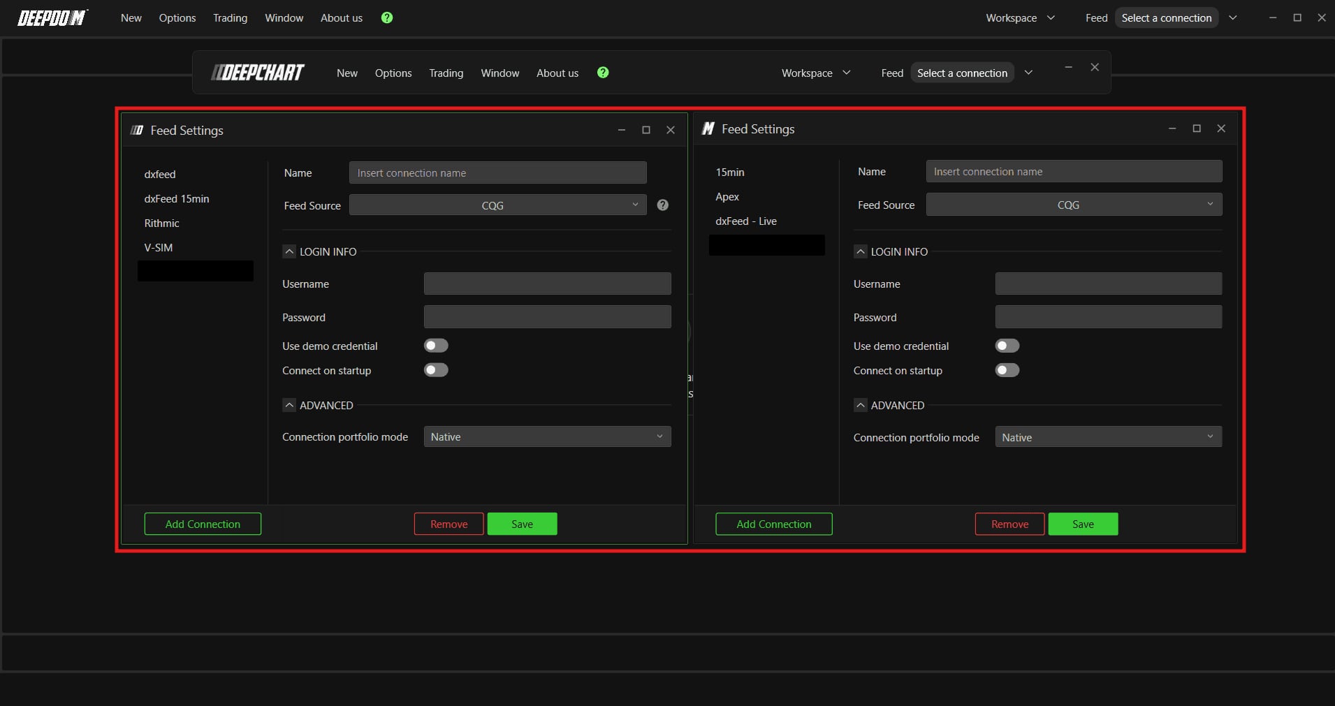 The DeepChart and DeepDom Feed Settings windows side by side, both on CQG.