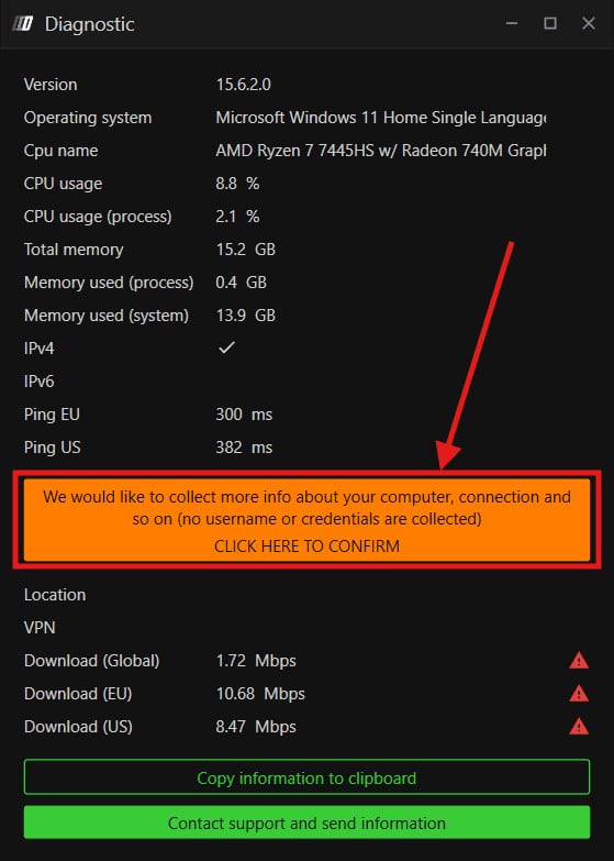 The DeepChart Diagnostic window with EU and US ping, the Click here to confirm banner and the measured download speeds.