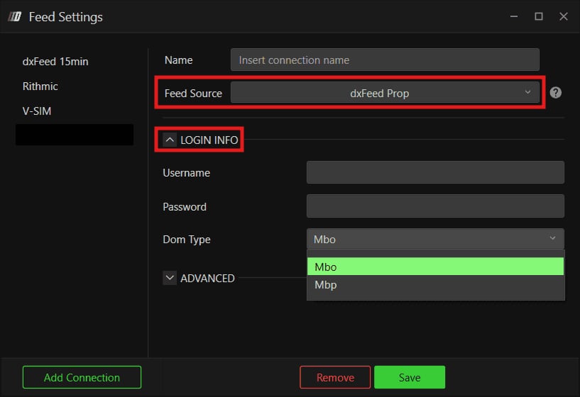 The Feed Settings window with Feed Source on dxFeed Prop and the Dom Type menu open on Mbo and Mbp.