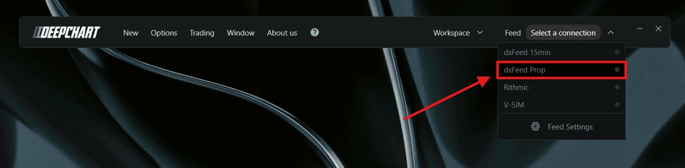 The DeepChart Feed menu with the dxFeed Prop connection highlighted.