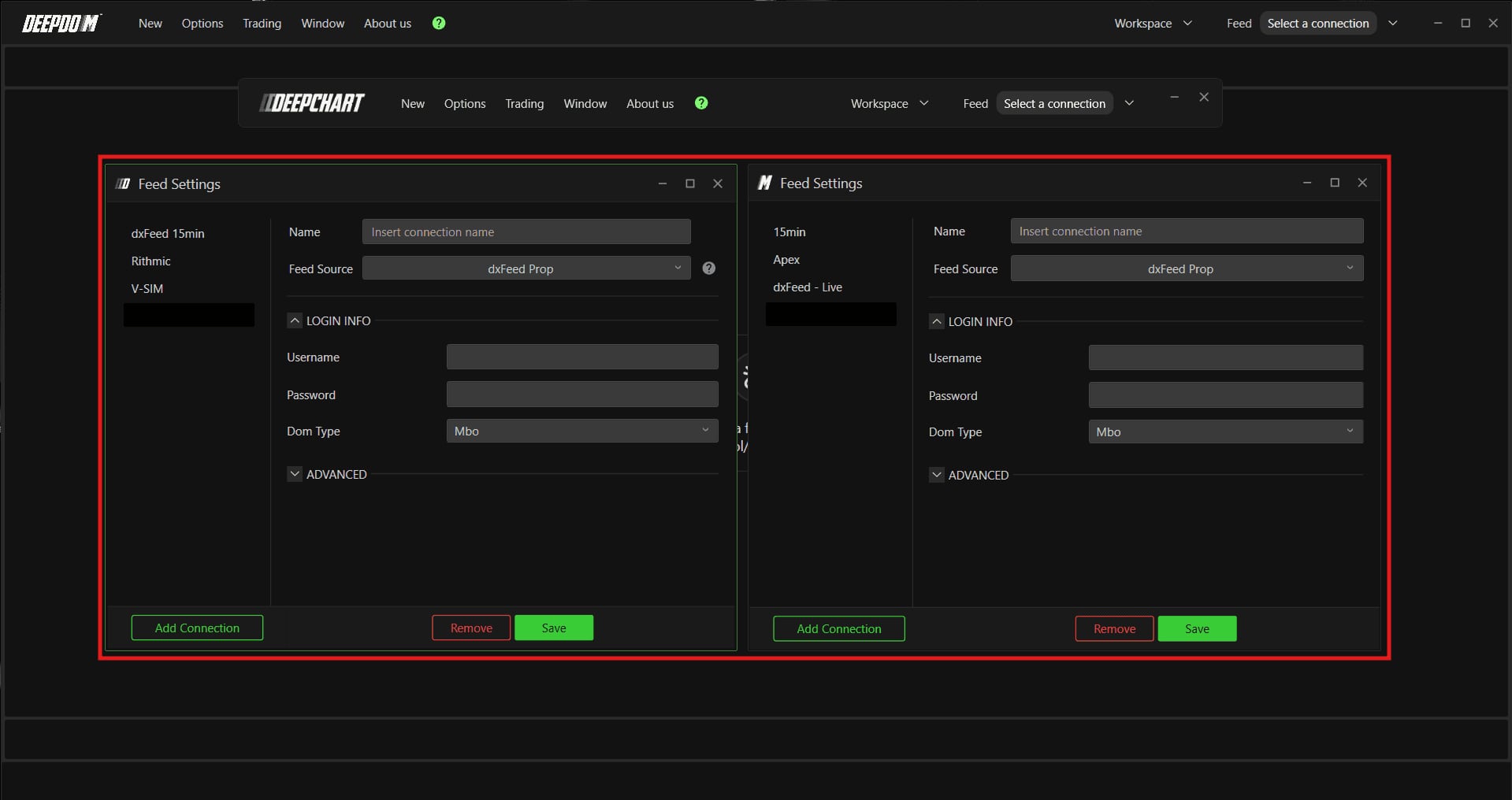 The DeepChart and DeepDom Feed Settings windows side by side, on dxFeed Prop with Dom Type Mbo.