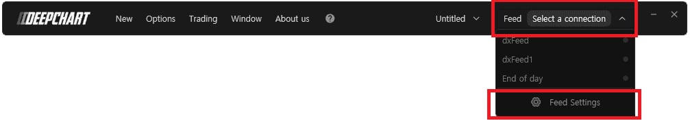 The interface with the button that opens the feed configuration panel.