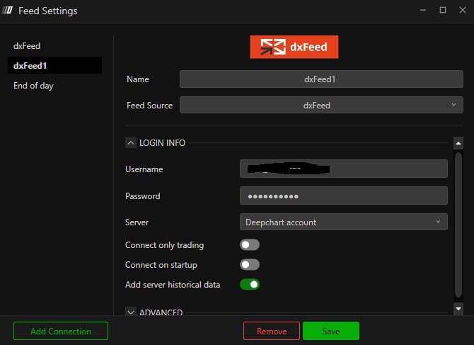 The feed profile form with its profile name, source, credentials and server fields.