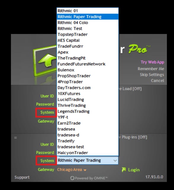 The RTrader Pro login screen with the System list open on the prop firms and Rithmic Paper Trading, Gateway Chicago Area.