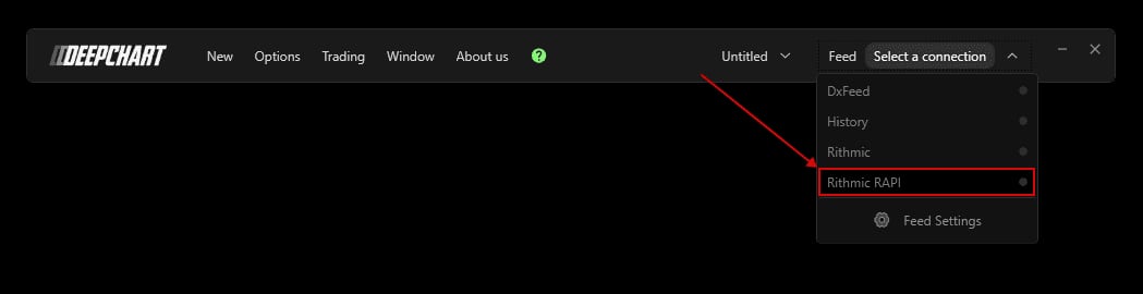 The DeepChart Feed menu with the Rithmic RAPI connection highlighted.