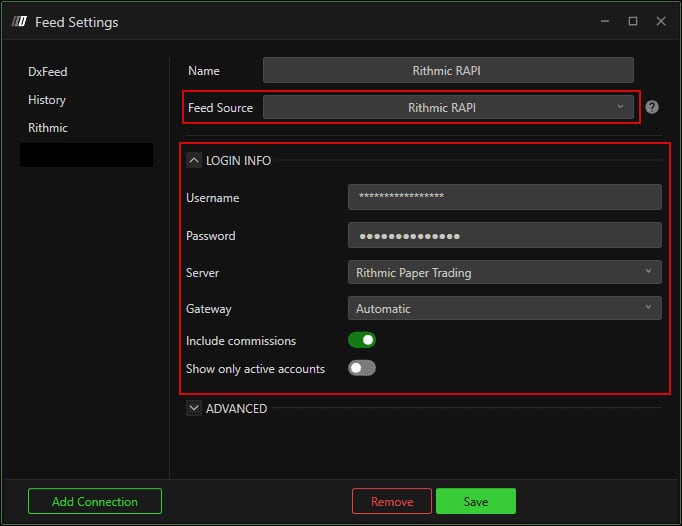 The Feed Settings window on Rithmic RAPI, credentials masked, Server Rithmic Paper Trading, Gateway Automatic, Include commissions on.