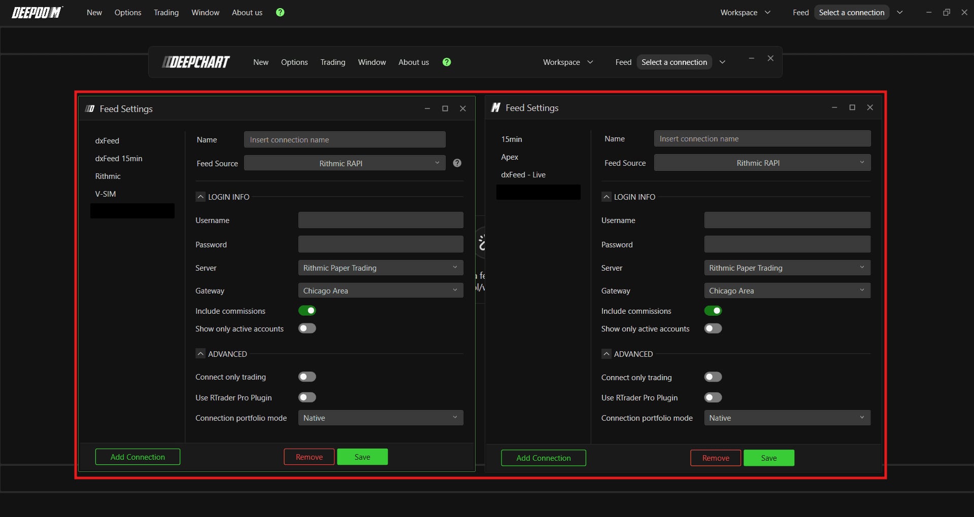 The DeepChart and DeepDom Feed Settings windows side by side on Rithmic RAPI, same Server and Gateway, Advanced section expanded.
