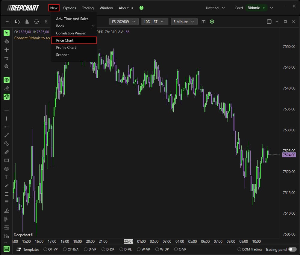 The mandatory stop in RTrader Pro to sign the agreements, the right market data status, then the Rithmic RAPI connection on DeepChart and DeepDom.