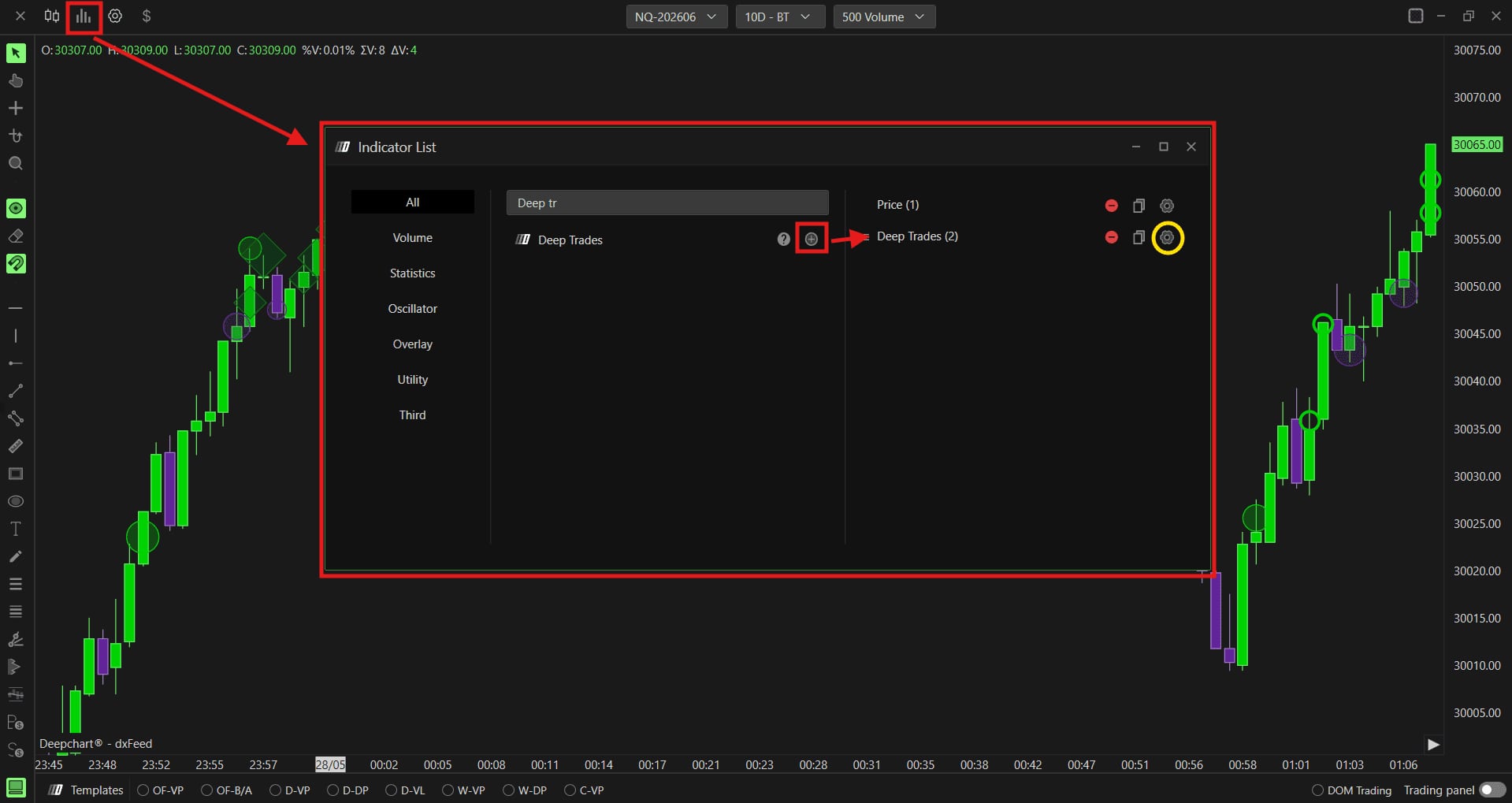 The Deep Trades configuration panel open, with its four tabs visible.
