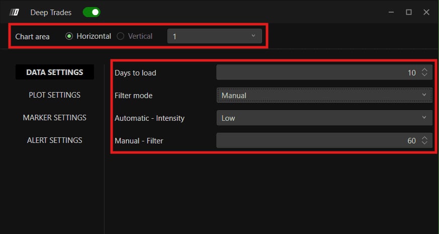 The Data Settings tab, with Chart Area, Days to Load, Filter Mode and Manual Filter visible.