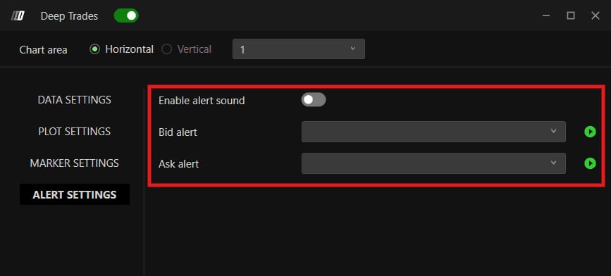 The Alert Settings tab with Enable Alert Sound, and the separate Bid Alert and Ask Alert lists.