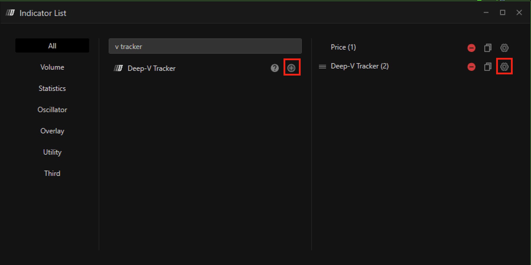 The Deep V Tracker indicator in the list, with the settings icon that opens its configuration.