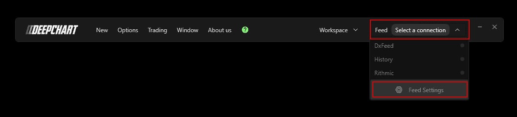 Le sélecteur Feed déroulé avec les profils existants et l'entrée Feed Settings encadrée.