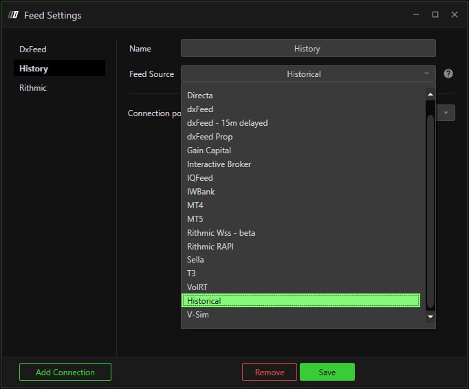 Feed Settings avec un profil History et la source Historical sélectionnée dans Feed Source.