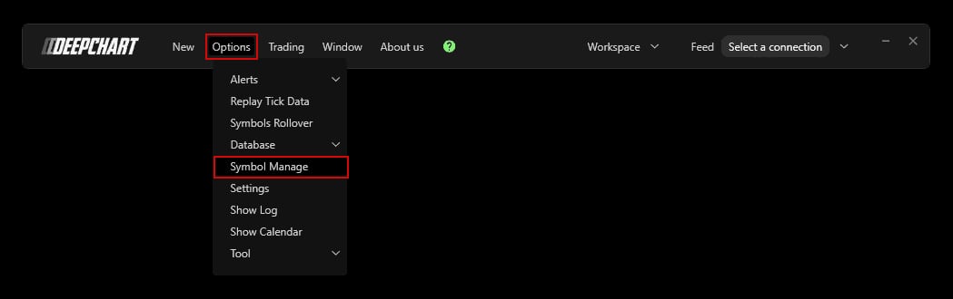 Le menu Options de DeepChart avec l'entrée Symbol Manage encadrée.