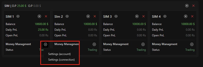 The Money Managment gear menu with Settings (account) and Settings (connection).