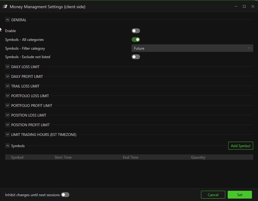 The Money Managment Settings (client side) window with the GENERAL section and the list of limit sections.
