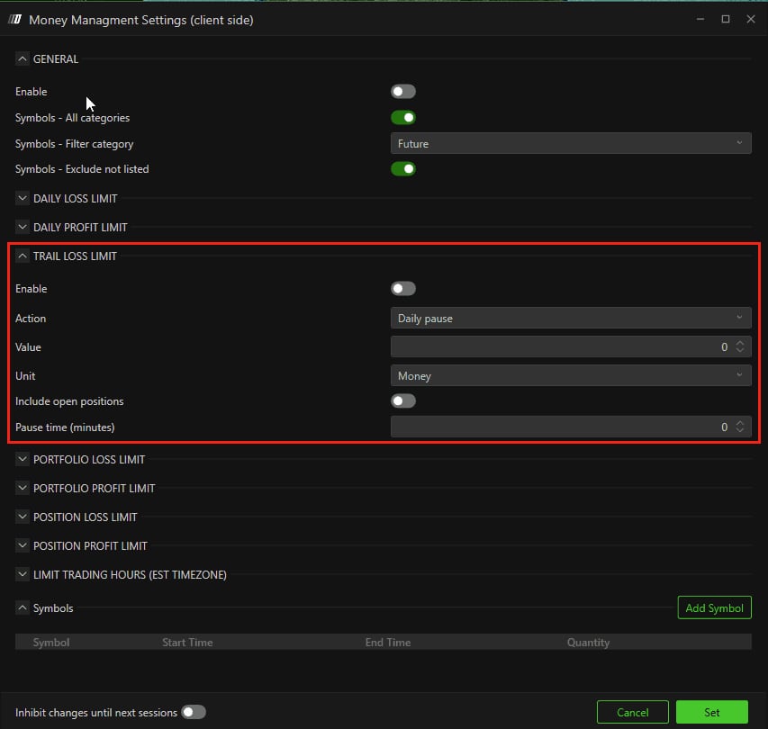 The TRAIL LOSS LIMIT section with Action on Daily pause, Value at 0, Unit on Money and Pause time at 0.