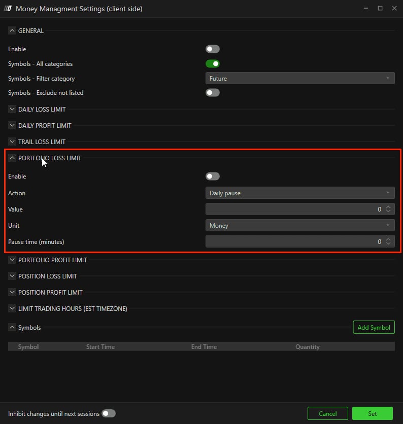 The PORTFOLIO LOSS LIMIT section with Enable, Action on Daily pause, Value, Unit on Money and Pause time.