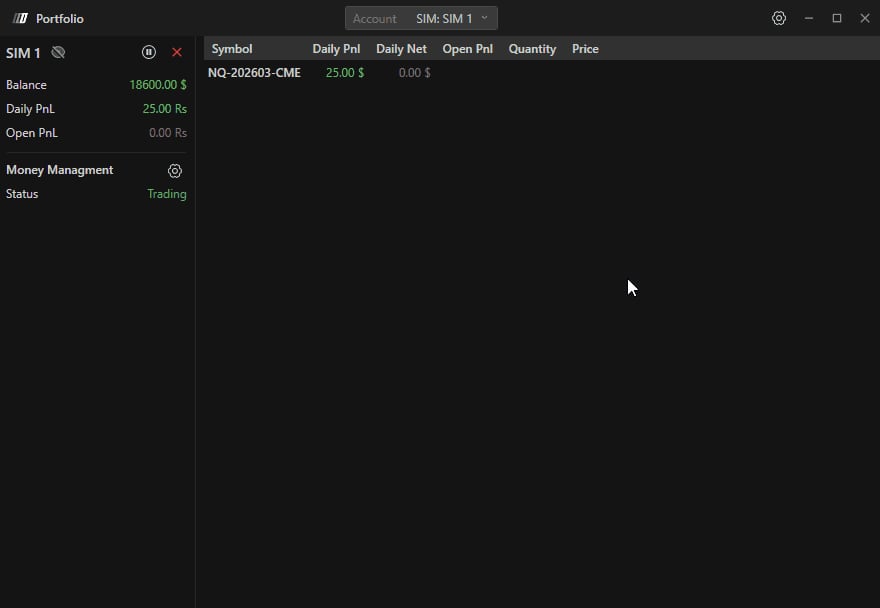 The detailed view of account SIM 1, with the NQ-202603-CME row and its result columns.