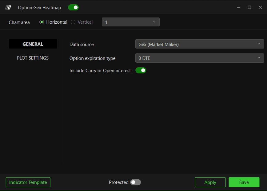 L'onglet General avec Data source, Option expiration type et Include Carry or Open Interest.