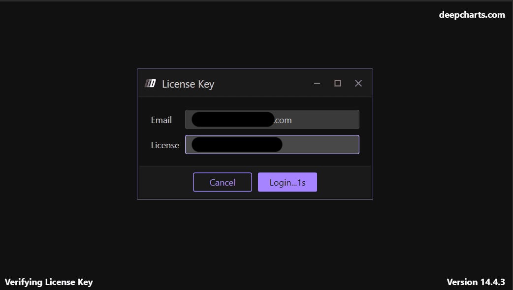 The License Key window with the Email and License fields and the Login button.