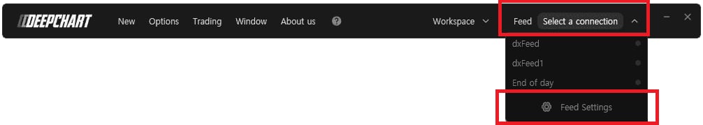 The DeepChart menu bar, Feed menu open on the Feed Settings entry.