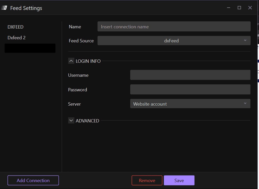 The Feed Settings window with Name, Feed Source, Username, Password and Server.