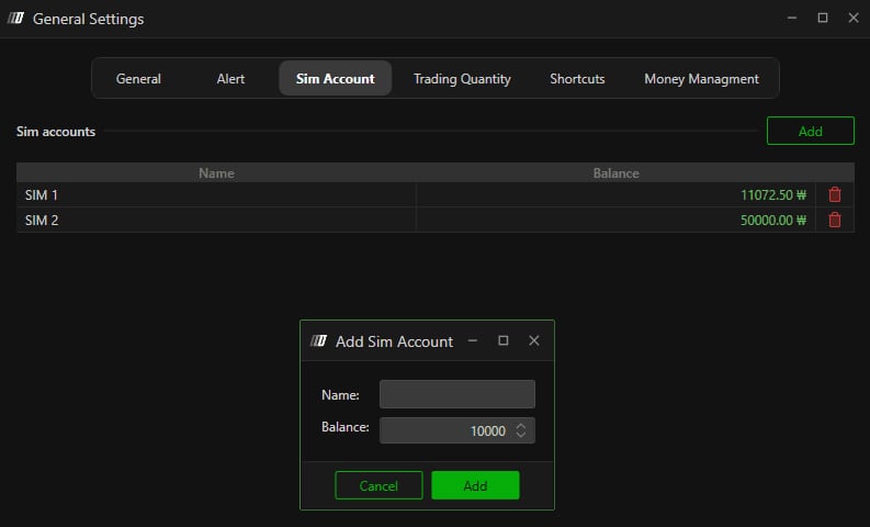 The Sim Account tab of General Settings, with the Add Sim Account window, Name and Balance fields.