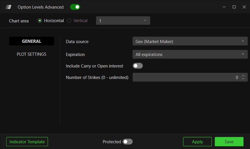 The GENERAL tab with Data source on Gex (Market Maker), Expiration, Include Carry or Open interest and Number of Strikes.