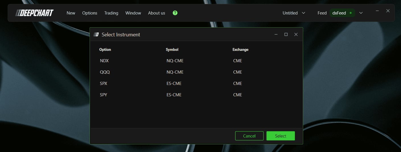 The New menu with Option Chart, and the instrument selection dialog.