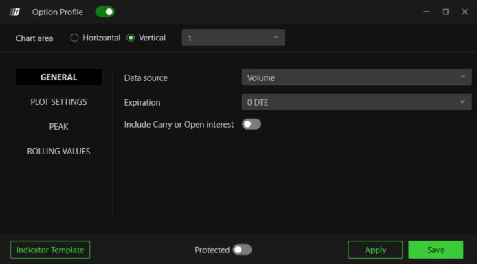 The General tab with Data source, Expiration and Include Carry or Open Interest.