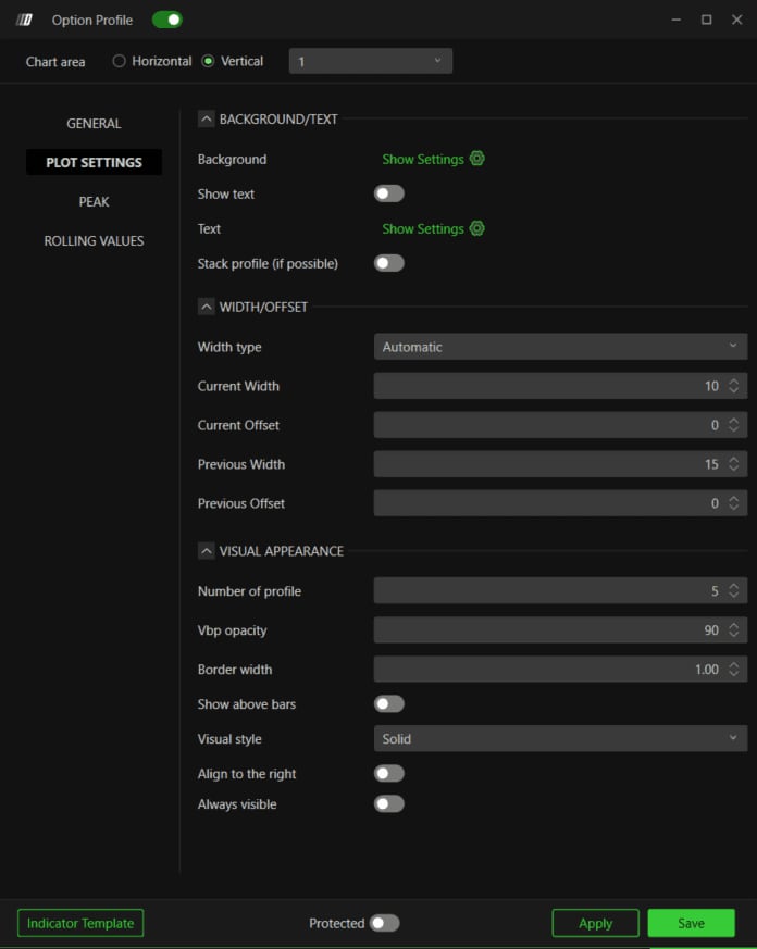 The Width/Offset and Visual Appearance sections of the Plot Settings tab.
