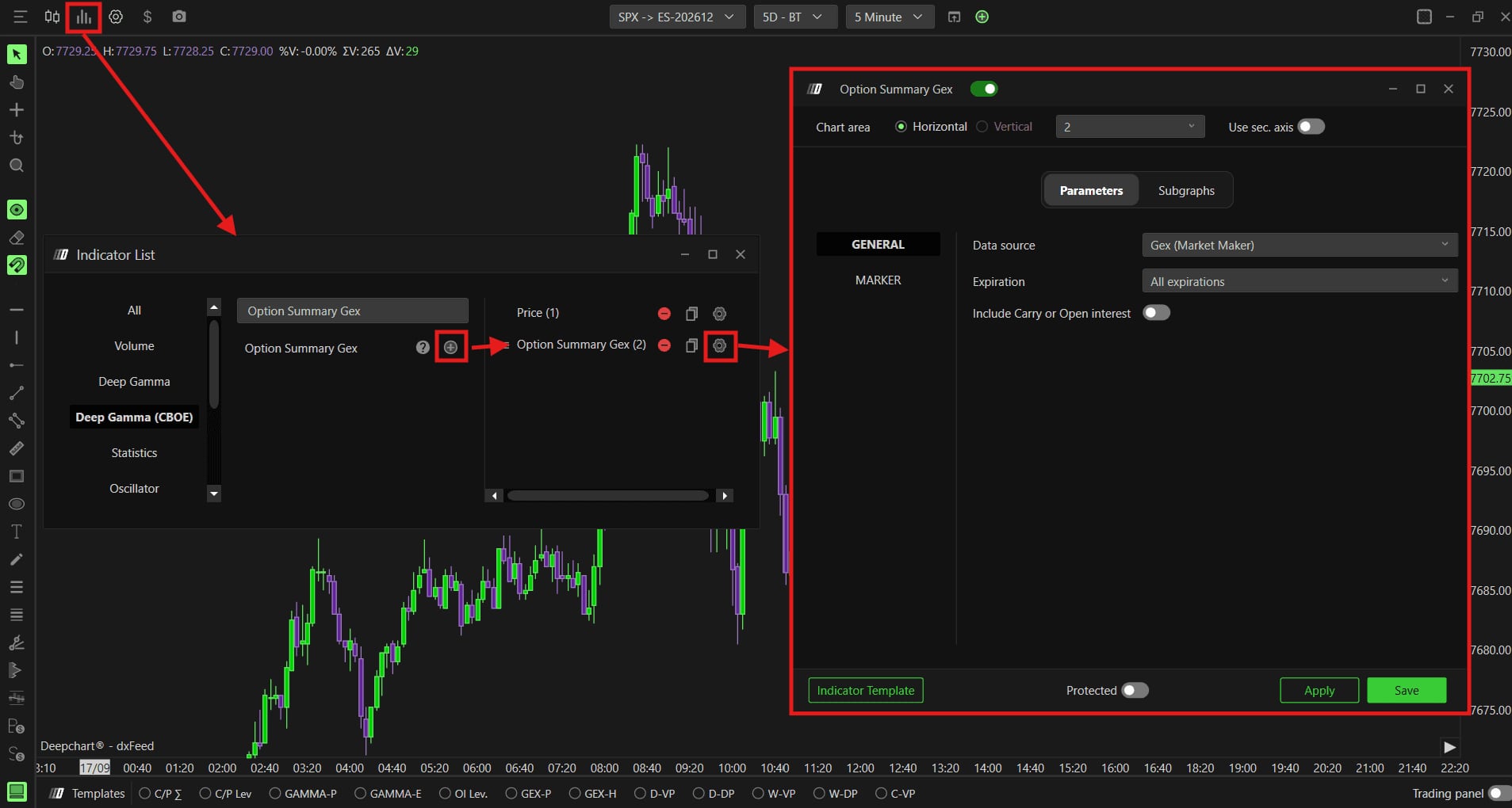 The indicator list on Deep Gamma (CBOE) with Option Summary Gex added and its settings window open.