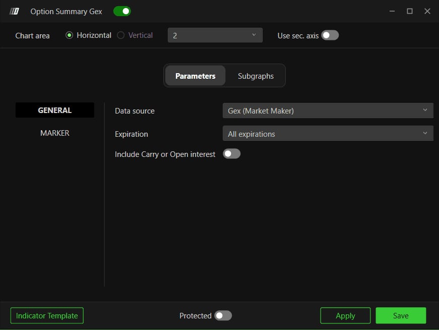 The Parameters tab, GENERAL section, with Data source on Gex (Market Maker) and Expiration on All expirations.