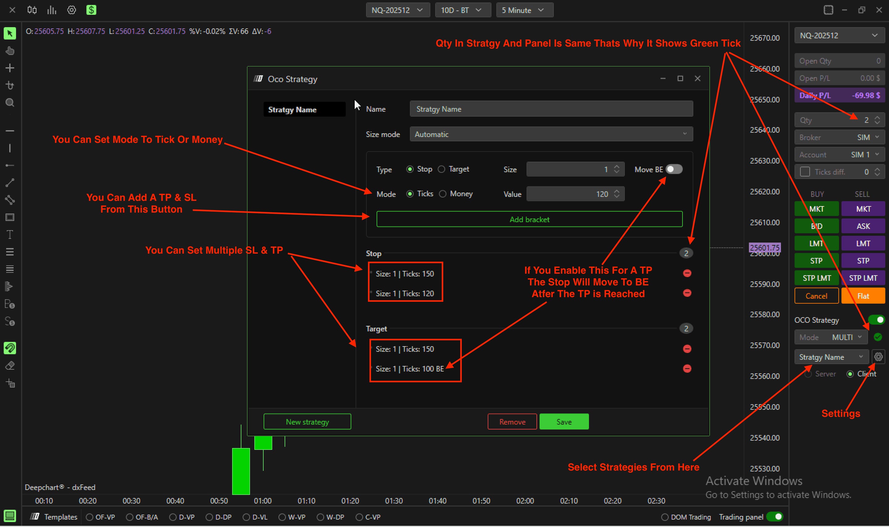 The Oco Strategy window with two stops, two targets including one flagged BE, the Add bracket button and the Move BE option.