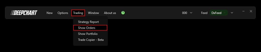 The DeepChart Trading menu with Show Portfolio, between Show Orders and Trade Copier.